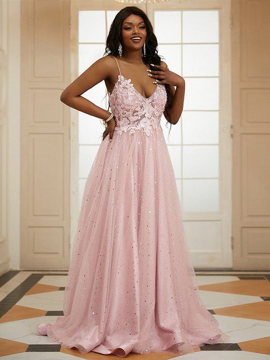 Tulle V-neck Sleeveless Applique A-Line/Princess Sweep/Brush Train Dresses