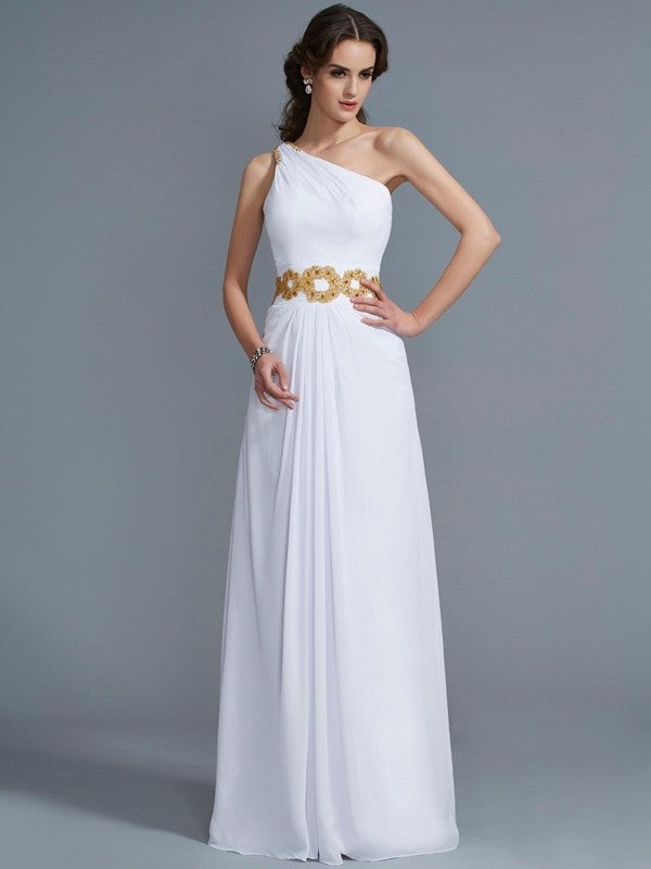 One-Shoulder Sheath/Column Beading Sleeveless Long Chiffon Dresses