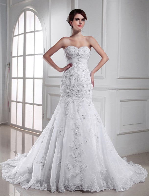 Sweetheart Trumpet/Mermaid Applique Sleeveless Beading Organza Wedding Dresses