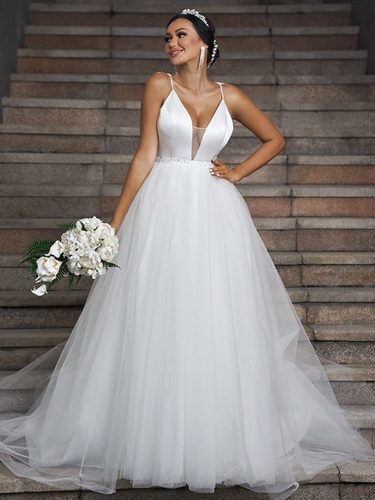 V-neck Sweep/Brush Ruffles Tulle Sleeveless A-Line/Princess Train Wedding Dresses