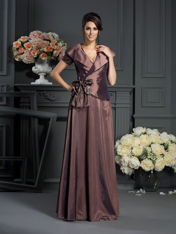 Sleeves V-neck Mother Long A-Line/Princess of Short Taffeta Bowknot the Bride Dresses