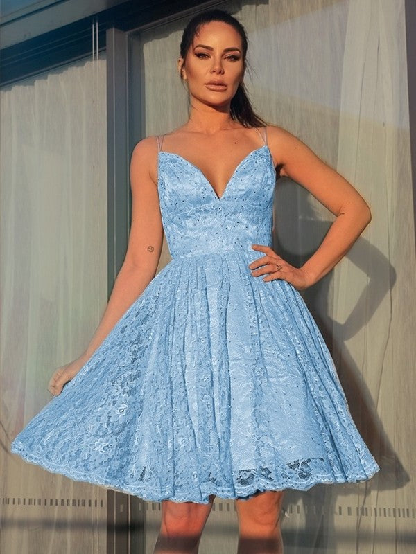 Lace A-Line/Princess V-neck Sleeveless Satin Short/Mini Homecoming Dresses