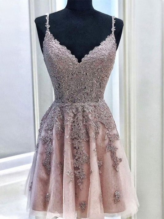 Straps Beading Tulle Spaghetti Sleeveless A-Line/Princess Short/Mini Homecoming Dresses