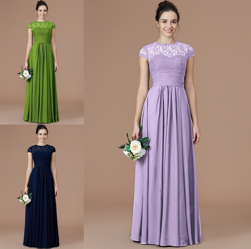 Lace Sleeves Jewel A-Line/Princess Short Floor-Length Chiffon Bridesmaid Dresses