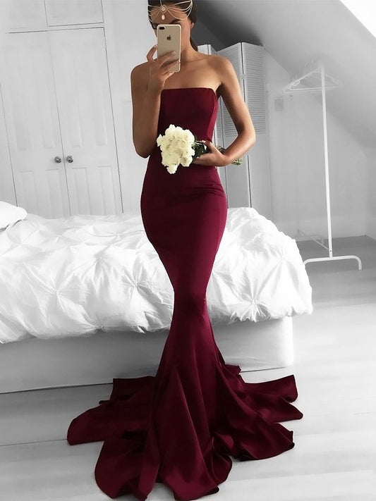 Crepe Trumpet/Mermaid Sweep/Brush Strapless Train Stretch Sleeveless Ruffles Dresses