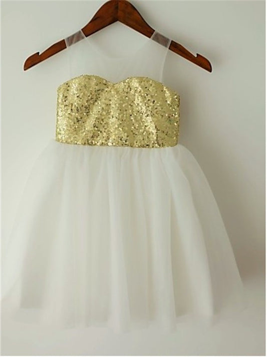 Scoop Tulle Sequin Tea-Length A-line/Princess Sleeveless Flower Girl Dresses