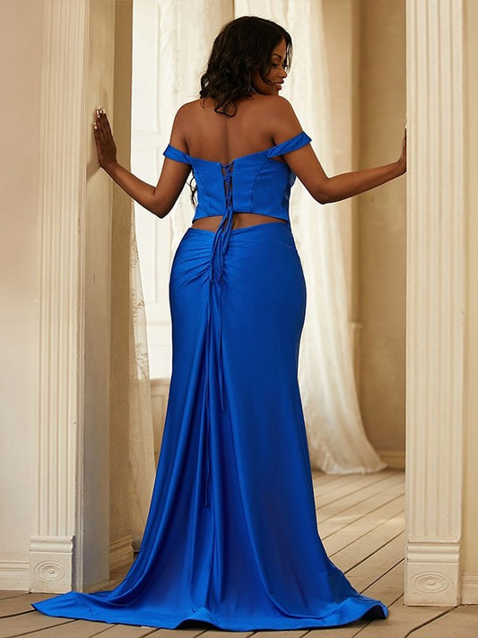 Sheath/Column Sleeveless Jersey Ruffles Off-the-Shoulder Sweep/Brush Train Dresses