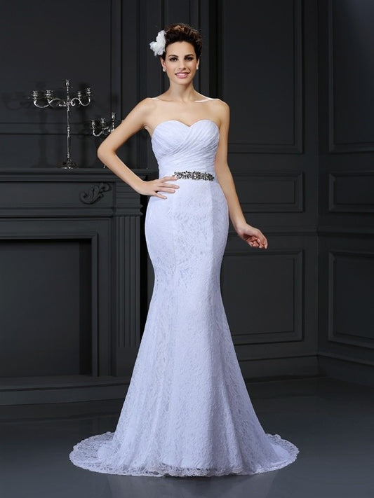 Trumpet/Mermaid Sleeveless Sweetheart Long Lace Wedding Dresses