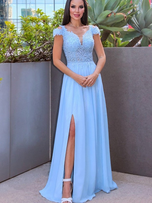 A-Line/Princess Floor-Length Off-the-Shoulder Sleeveless Chiffon Applique Dresses