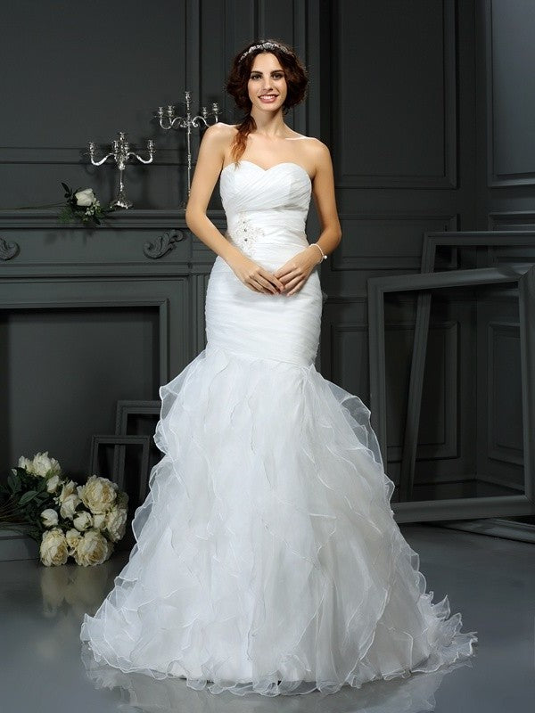 Sweetheart Beading Sleeveless Trumpet/Mermaid Long Organza Wedding Dresses