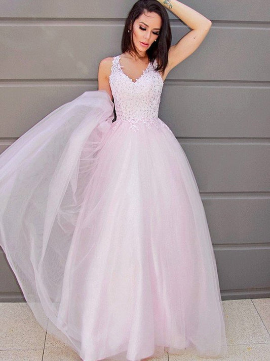 Sleeveless A-Line/Princess V-neck Applique Tulle Floor-Length Dresses