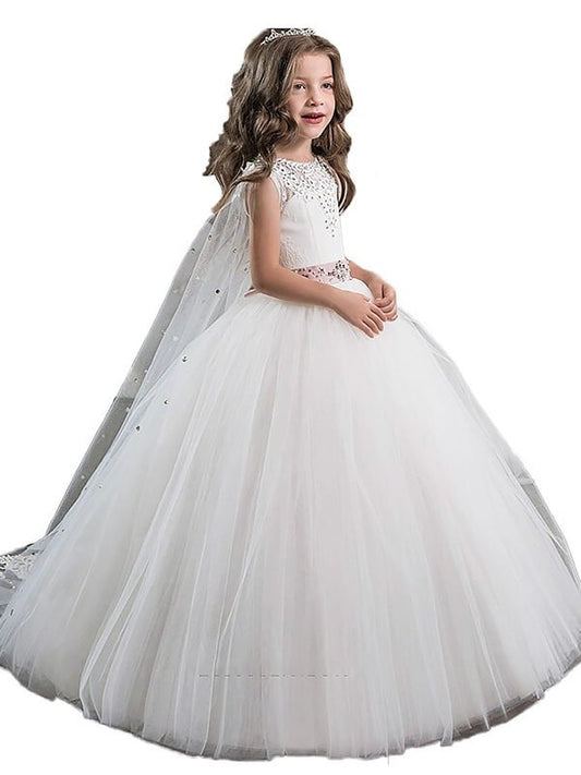 Gown Tulle Jewel Beading Sleeveless Ball Floor-Length Flower Girl Dresses