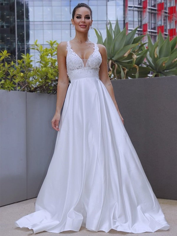 Applique Sleeveless Sweep/Brush A-Line/Princess V-neck Satin Train Wedding Dresses