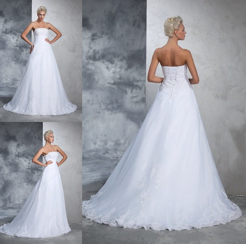 Strapless Sleeveless Gown Ball Applique Long Net Wedding Dresses