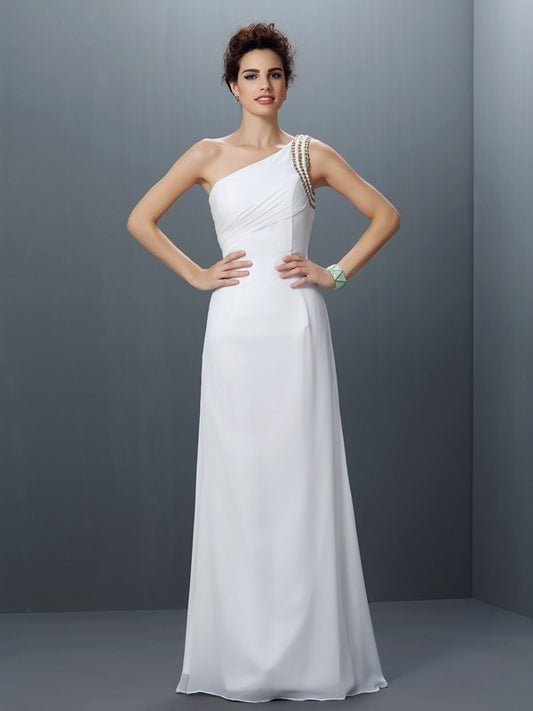 Sleeveless Sheath/Column One-Shoulder Beading Long Chiffon Dresses