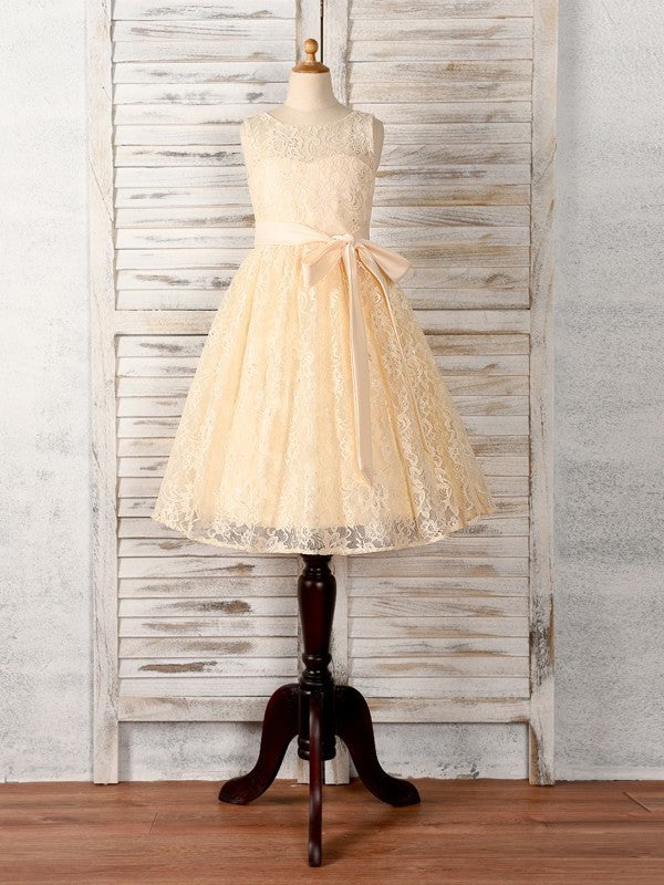 Lace Sash/Ribbon/Belt Scoop Sleeveless Tea-Length A-Line/Princess Flower Girl Dresses