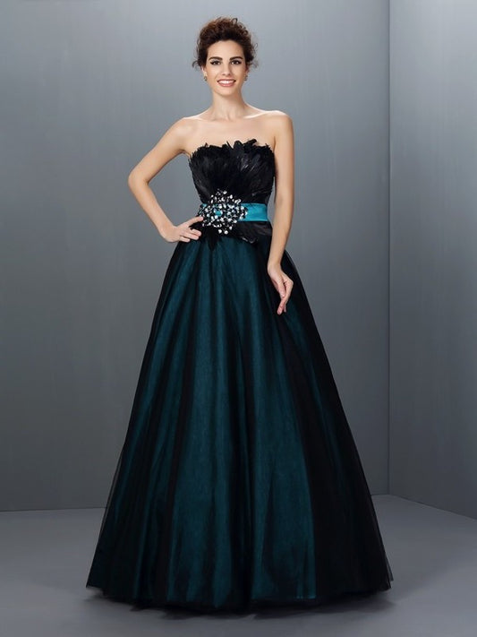 Ball Long Woven Feathers/Fur Sleeveless Strapless Gown Elastic Satin Quinceanera Dresses