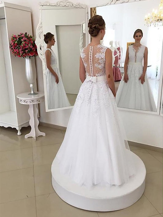 Trumpet/Mermaid Lace Scoop Sleeveless Floor-Length Wedding Dresses