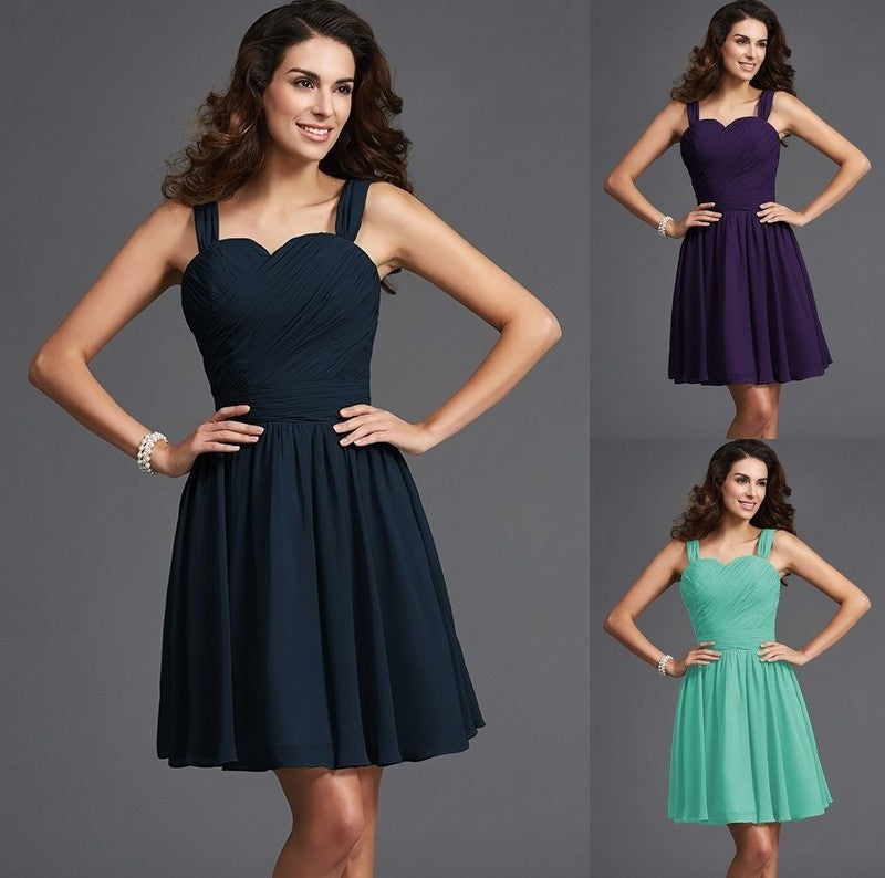 Straps Short Sleeveless A-Line/Princess like Ruffles Silk Satin Bridesmaid Dresses