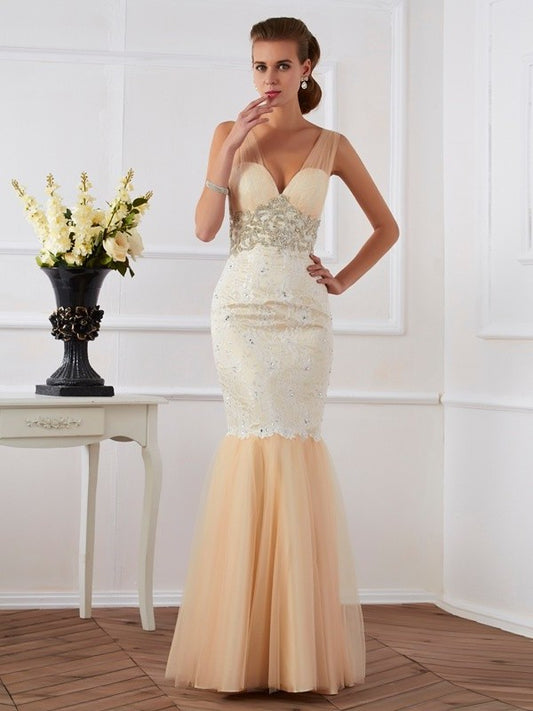 Trumpet/Mermaid Sleeveless Beading Straps Long Net Dresses