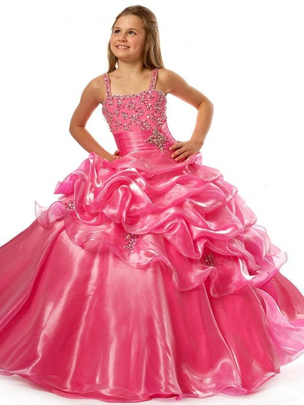 Organza Sleeveless Long Beading Straps Gown Ball Flower Girl Dresses