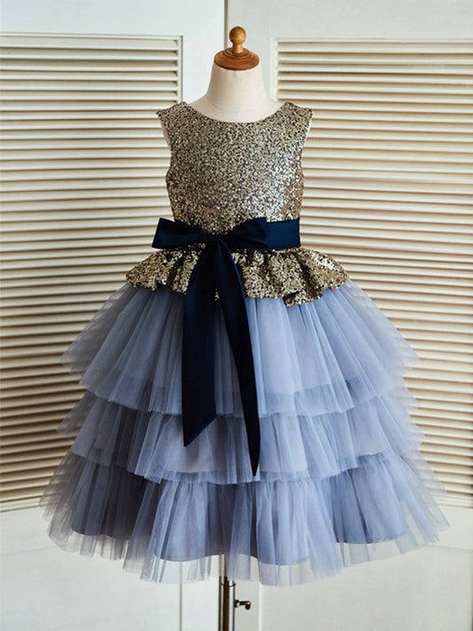 Sleeveless A-Line/Princess Scoop Tulle Tea-Length Sequin Flower Girl Dresses