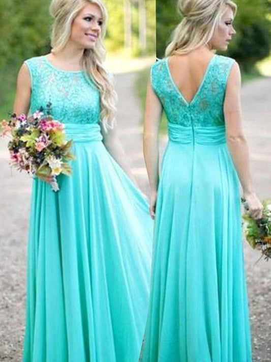 Scoop A-Line/Princess Lace Floor-Length Chiffon Bridesmaid Dresses