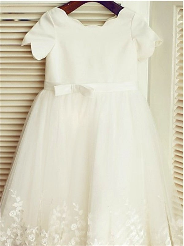 A-line/Princess Short Scoop Sleeves Lace Tea-Length Flower Girl Dresses