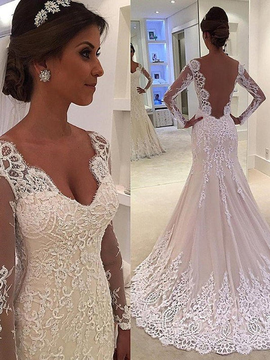 Train Sleeves Court Long V-neck Trumpet/Mermaid Lace Wedding Dresses