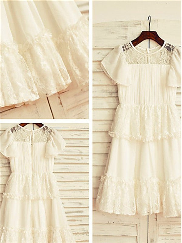 Scoop Chiffon Tea-Length Sleeves Short Lace A-line/Princess Flower Girl Dresses