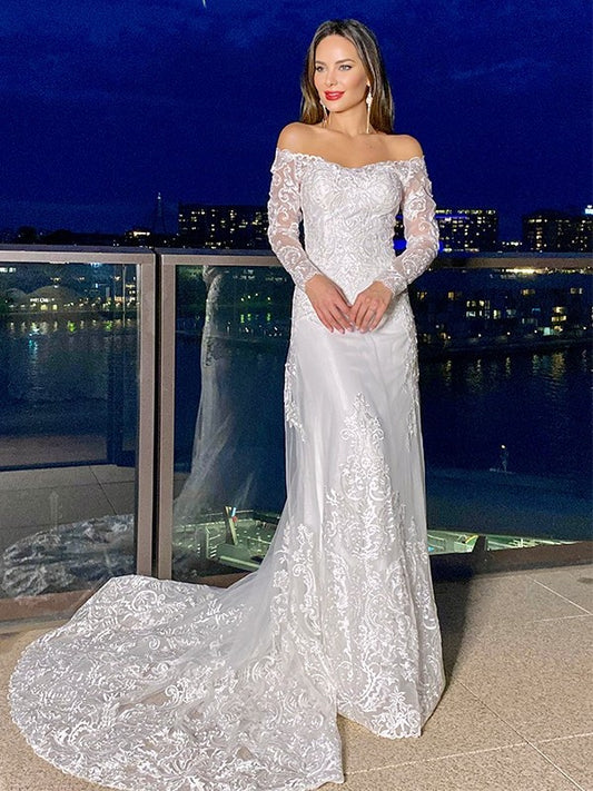 Long Sleeves Court Sheath/Column Off-the-Shoulder Lace Train Wedding Dresses