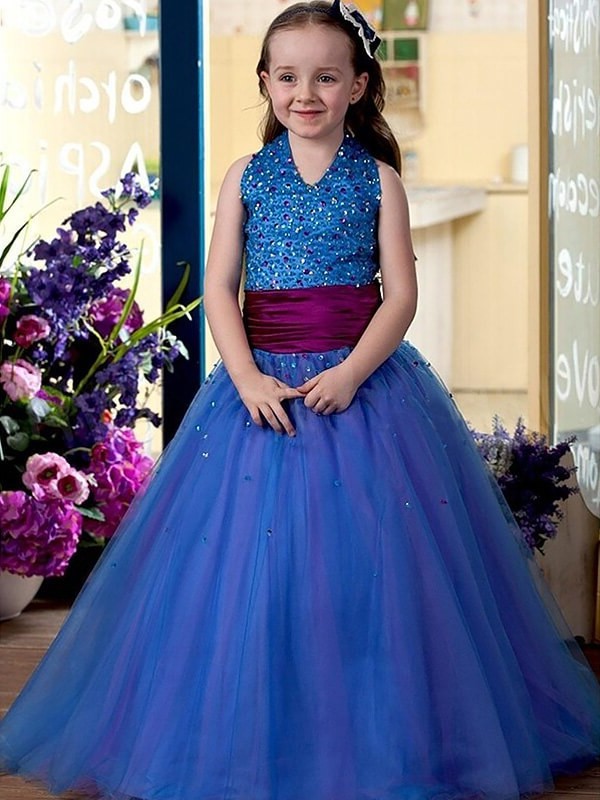 Ball Gown Halter Sequins Floor-Length Tulle Sleeveless Flower Girl Dresses