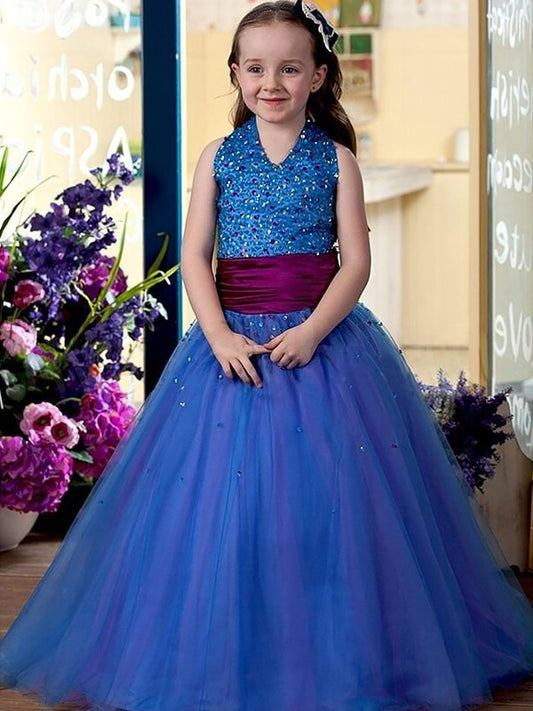 Ball Gown Halter Sequins Floor-Length Tulle Sleeveless Flower Girl Dresses