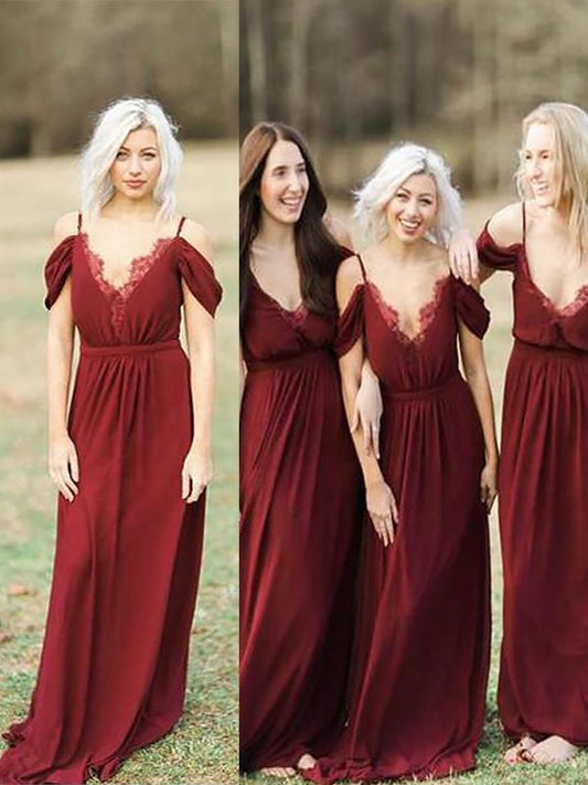 Spaghetti Lace Sleeveless Straps A-Line/Princess Floor-Length Chiffon Bridesmaid Dresses