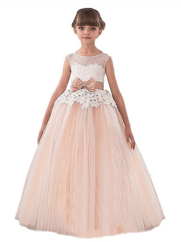 Sash/Ribbon/Belt Sleeveless Tulle Floor-Length Gown Ball Scoop Flower Girl Dresses