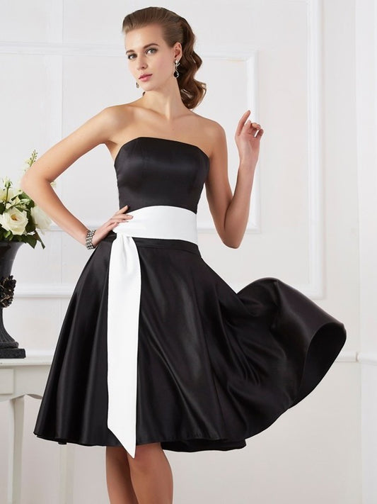 A-Line/Princess Short Strapless Sash/Ribbon/Belt Sleeveless Satin Bridesmaid Dresses