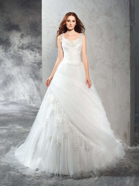 Straps Sleeveless Long Ball Gown Applique Net Wedding Dresses