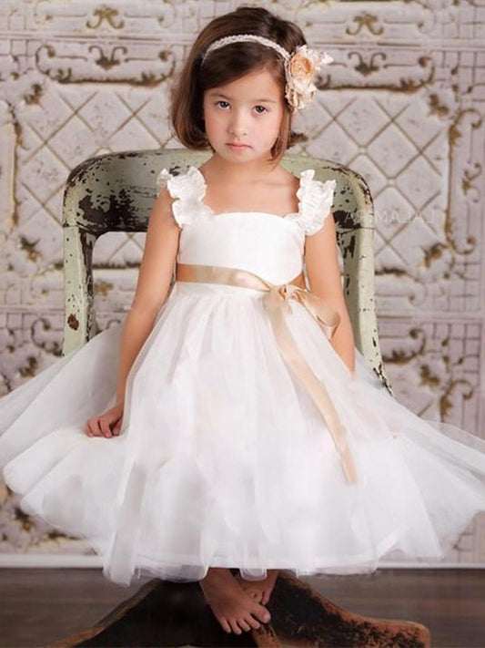 Sleeveless Sash/Ribbon/Belt Straps Tulle Ankle-Length A-Line/Princess Flower Girl Dresses