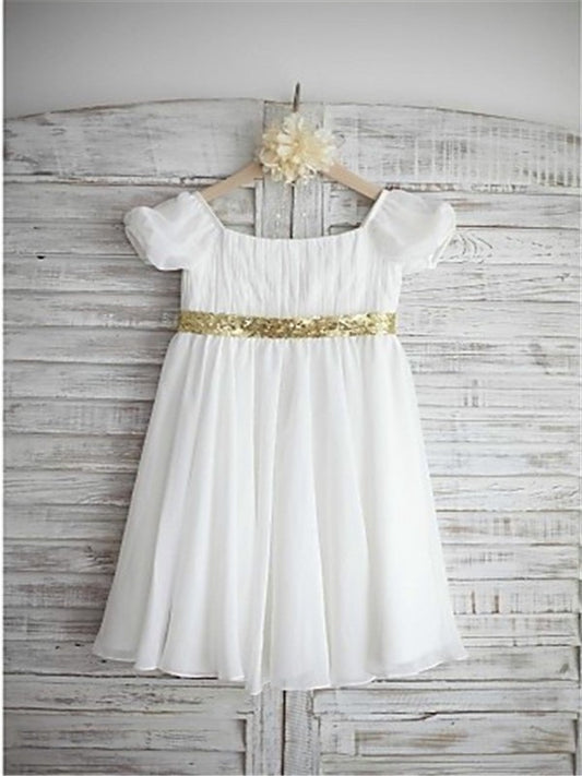 Sleeves Tea-Length Beading Short A-line/Princess Bateau Chiffon Flower Girl Dresses