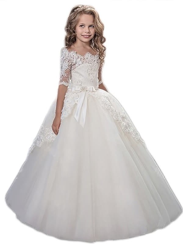 Sleeves Applique Ball Gown Off-the-Shoulder Short Tulle Floor-Length Flower Girl Dresses