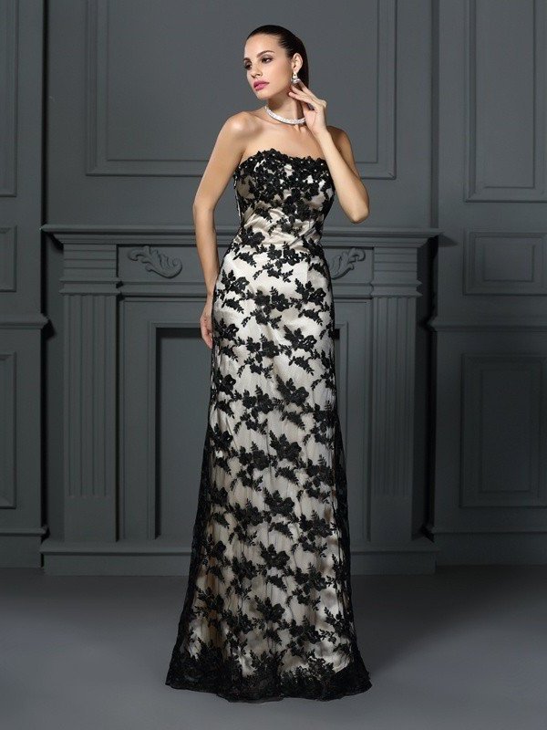 Sleeveless Sheath/Column Lace Strapless Long Elastic Woven Satin Dresses