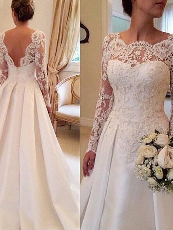 Long Lace Gown Scoop Train Ball Court Sleeves Satin Wedding Dresses