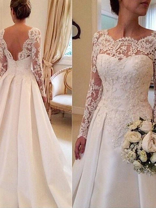 Long Lace Gown Scoop Train Ball Court Sleeves Satin Wedding Dresses