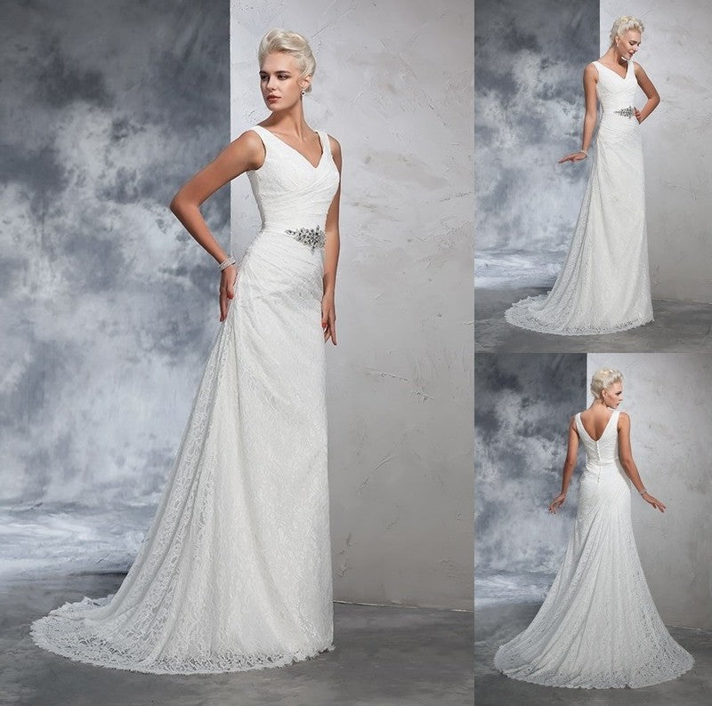 Trumpet/Mermaid Long Sleeveless Lace V-neck Lace Wedding Dresses