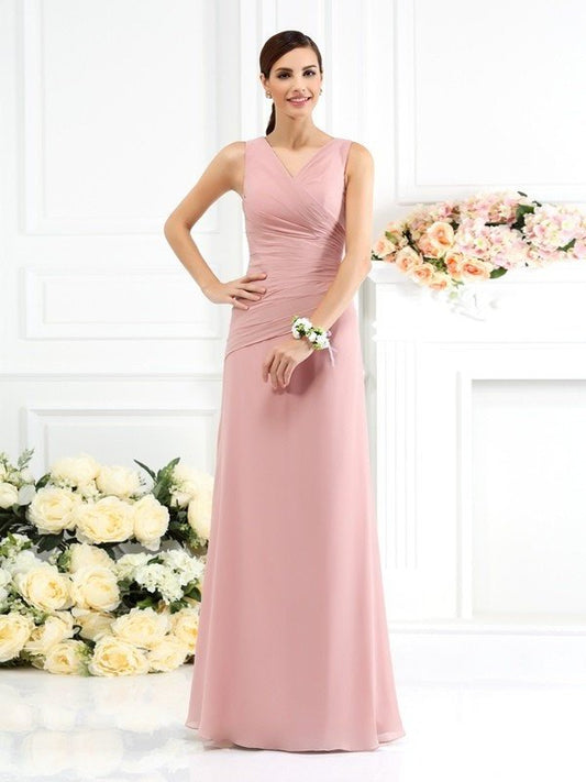 V-neck Sleeveless Pleats Long Sheath/Column Chiffon Bridesmaid Dresses