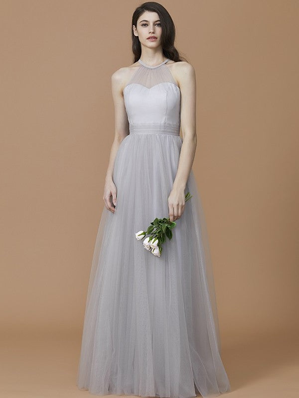 Halter Sleeveless Ruffles Floor-Length A-Line/Princess Tulle Bridesmaid Dresses