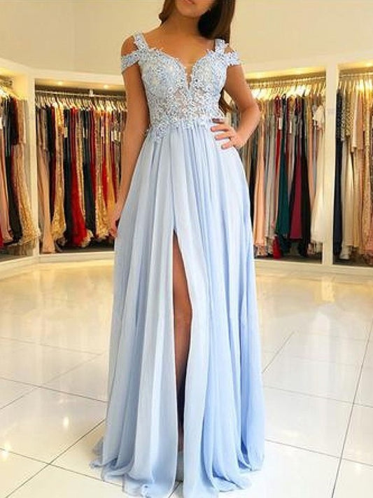 Floor-Length Sleeveless A-Line/Princess Off-the-Shoulder Applique Chiffon Dresses