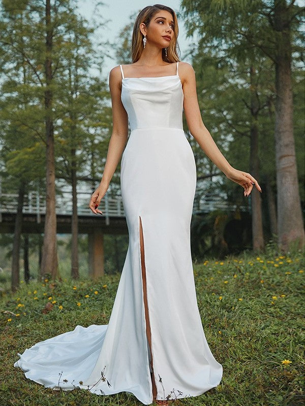 Charmeuse Spaghetti Sweep/Brush Straps Sheath/Column Ruched Sleeveless Train Wedding Dresses