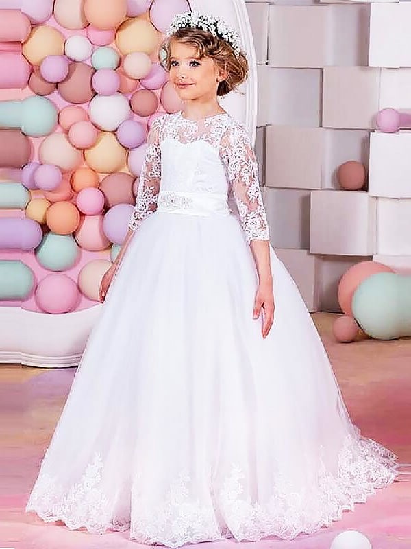 Train Sweep/Brush Tulle Ball 1/2 Gown Jewel Lace Sleeves Flower Girl Dresses