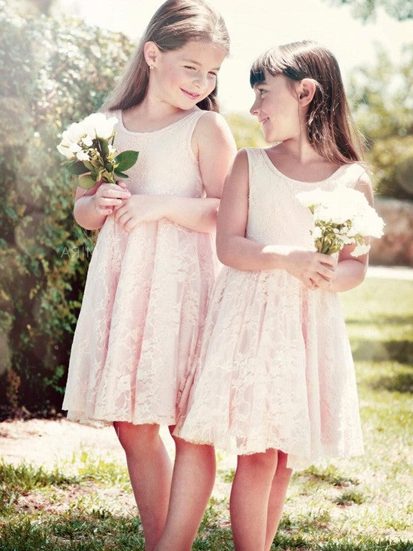 Sleeveless Lace A-Line/Princess Scoop Knee-Length Ruffles Flower Girl Dresses